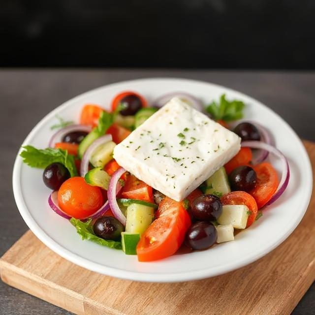 Greek salad with tomato, cucumber, onion, olives and feta cheese